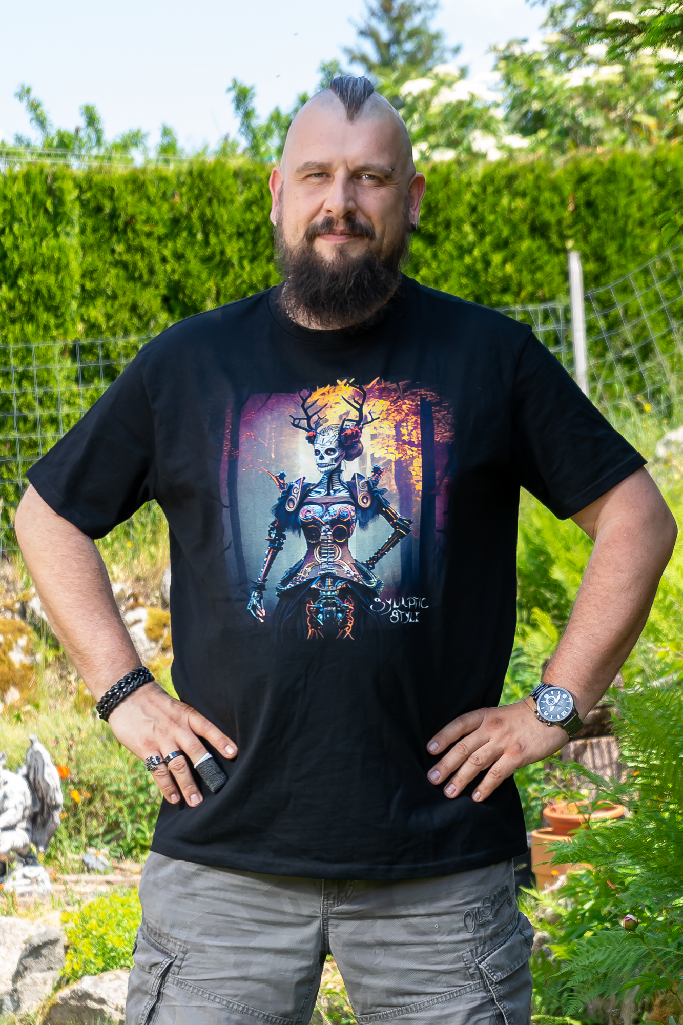 Foto eines Mannes der ein T-Shirt mit Print trägt. Der Print zeigt ein Schwarzwaldmädel im Steampunk-Style.